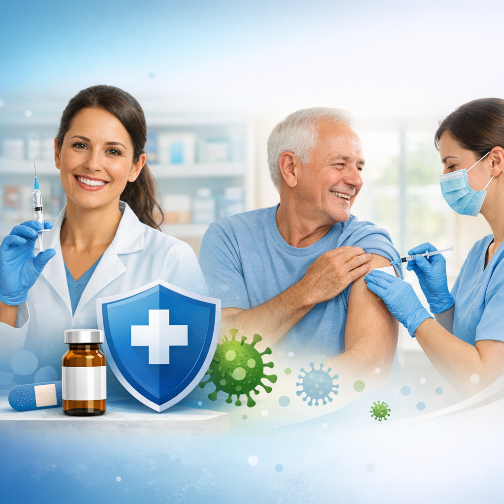 Pharmacist administering a flu vaccination to a patient